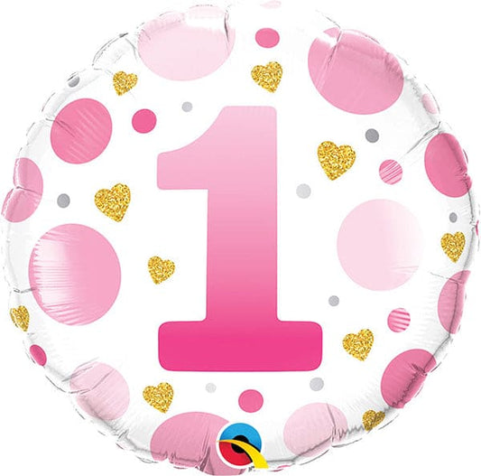 1st Birthday Girl Pink Dots 18in Metallic Balloon