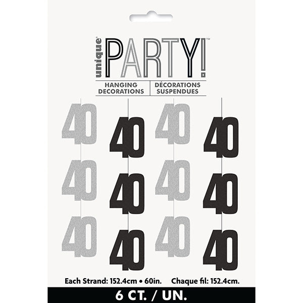 Birthday Glitz Black 40th Hanging Decorations 6ct