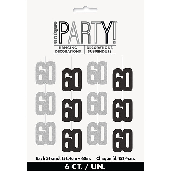 Birthday Glitz Black 60th Hanging Decorations 6ct