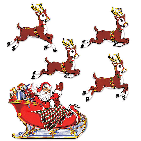 Vintage Christmas Santa and Sleigh Cutouts 1ct
