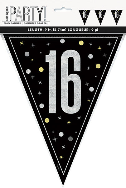 Birthday Glitz Black 9ft Flag Banner 16th Prismatic Plastic