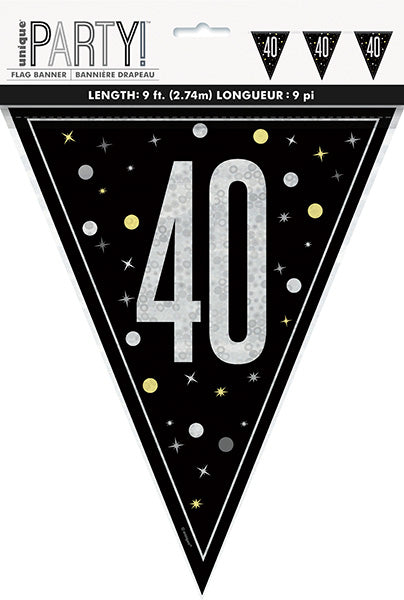Birthday Glitz Black 9ft Flag Banner 40th Prismatic Plastic