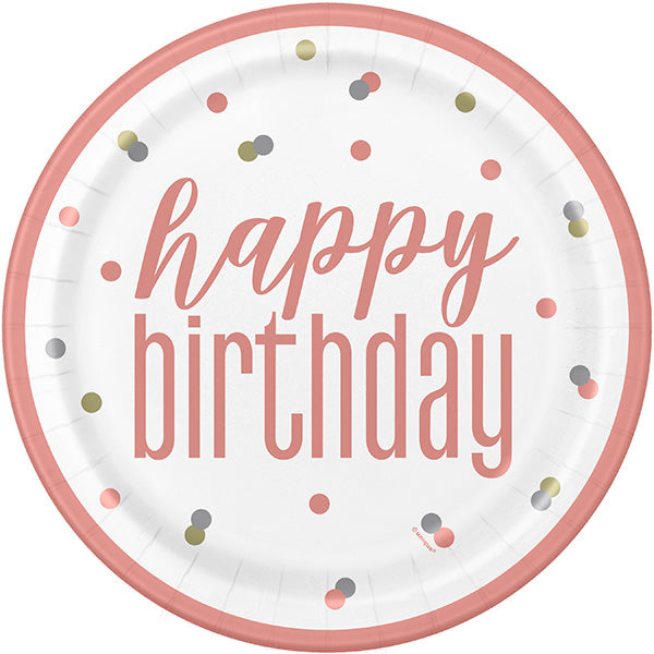 Birthday Glitz Rose Gold 9in Round Dinner Paper Plates 8ct