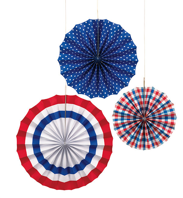 Red White & Blue Patriotic Assorted Paper Fan Decorations 3ct