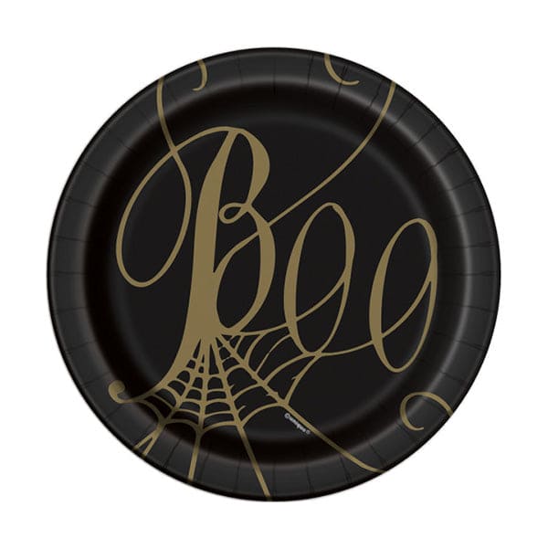 Black and Gold Spider Web 7in Round Luncheon Paper Plates 8 Ct