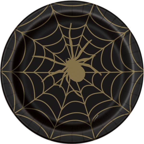 Black and Gold Spider Web 9in Round Dinner Paper Plates 8 Ct