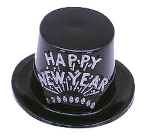Happy New Year Black Top Hat with Silver Glitter