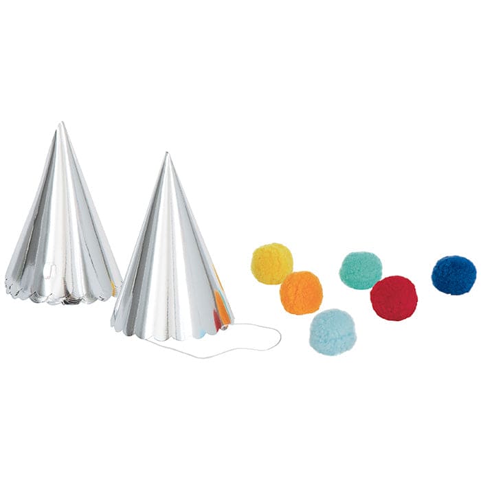 Silver Paper Cone Hats with Pom Pom 6ct
