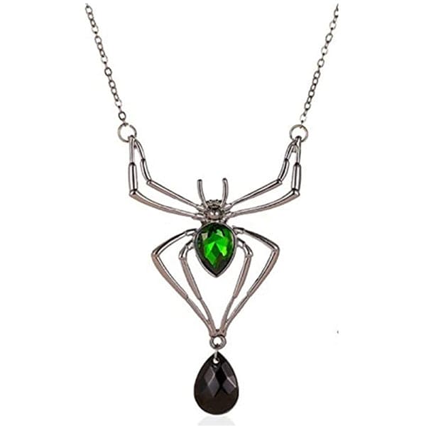 Silver Spider Necklace with Green and Black Gems