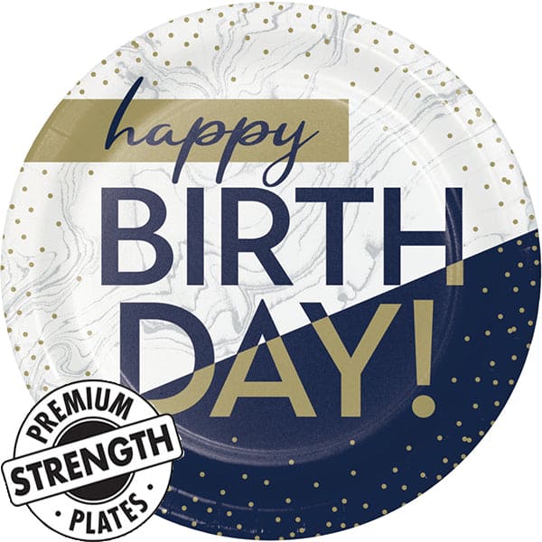 Navy & Gold Milestone 9in Round Dinner Paper Plates 8ct