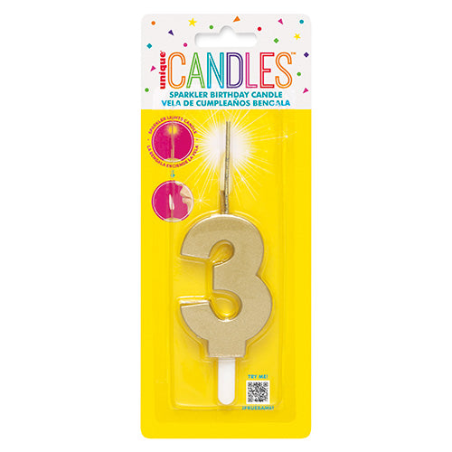 Gold Sparkler Birthday Candle Numeral 3