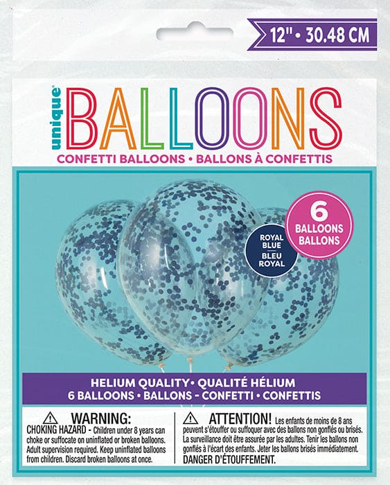 12in Clear Latex Balloons with Royal Blue Tissue Confetti 6ct