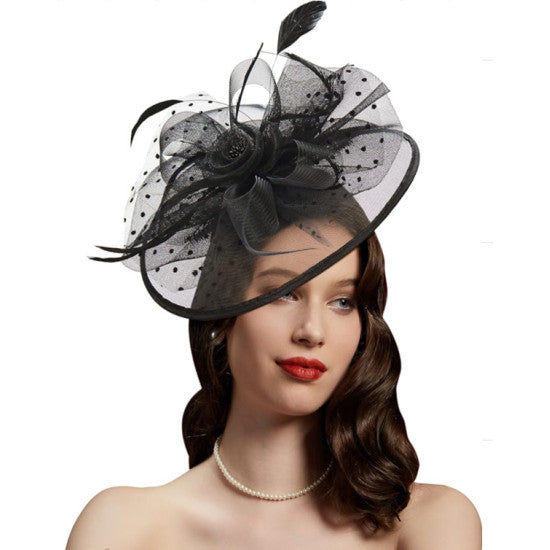 Elegant Black Dots Fascinator with Mesh and Feather