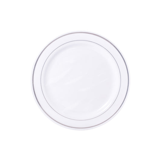 White with Silver Trim 9in Round Plastic Plates 8 Ct