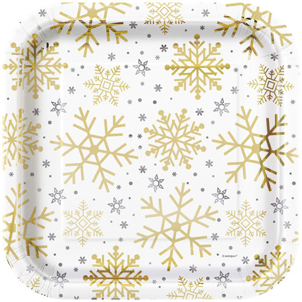 Silver and Gold Snowflakes 9in Square Dinner Paper Plates 8 Ct