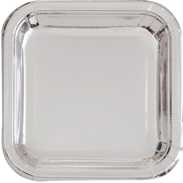 Shiny Silver Foil Square 9in Dinner Plates 8ct