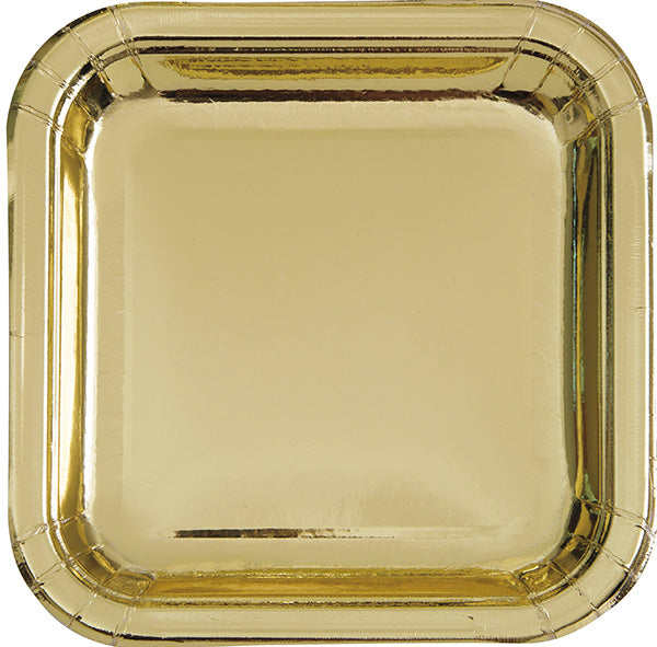 Shiny Gold Foil 9in Square Dinner Plates 8ct