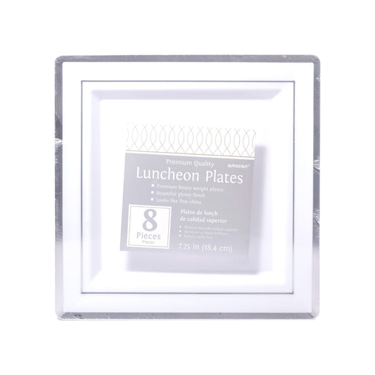 White with Silver Trim 7.25in Square Plastic Plates