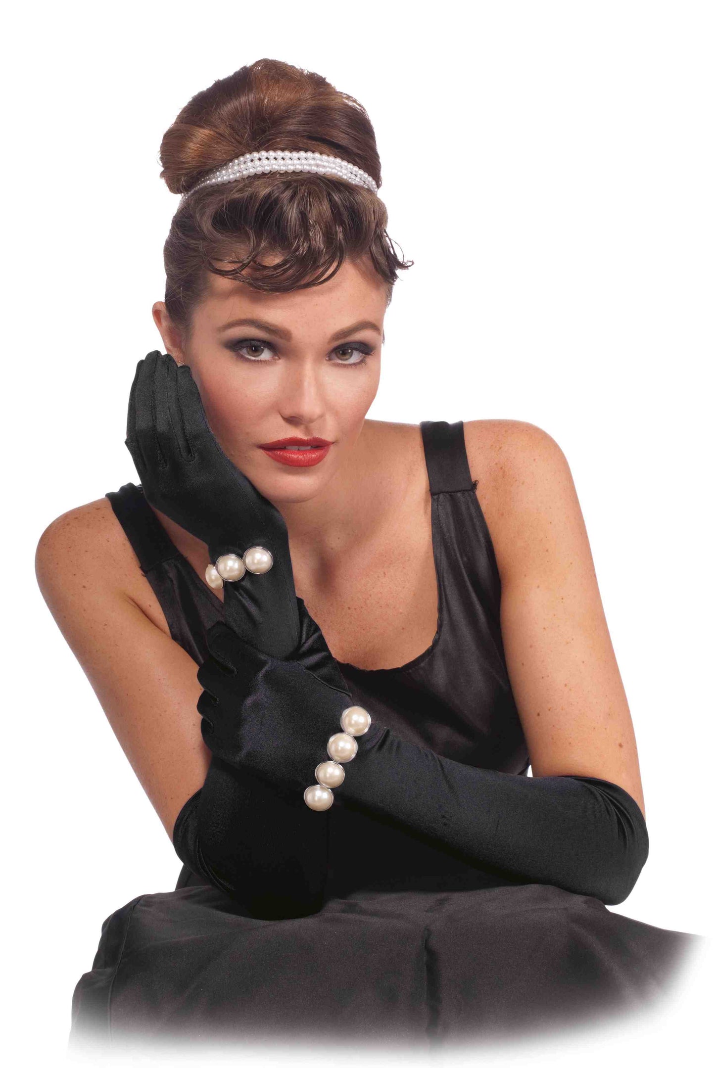 Vintage Hollywood Long Black Gloves with Rhinestone Buckle