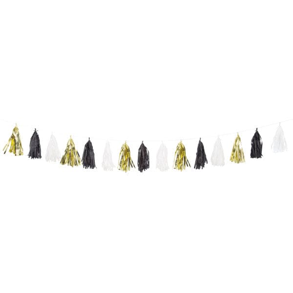 Gold, Black and White Tissue Tassel 9 ft Garland