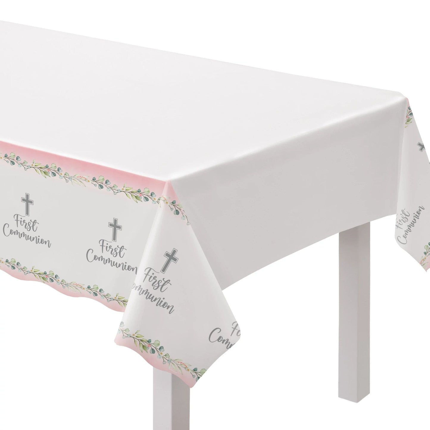 My First Communion 54in x 102in Plastic Table Cover - Pink 1ct