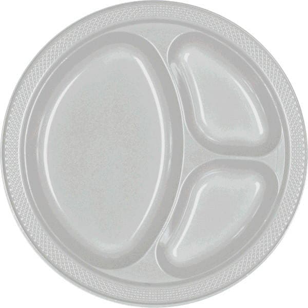 Silver 10.25in Divided Round Plastic Plates 20 Ct