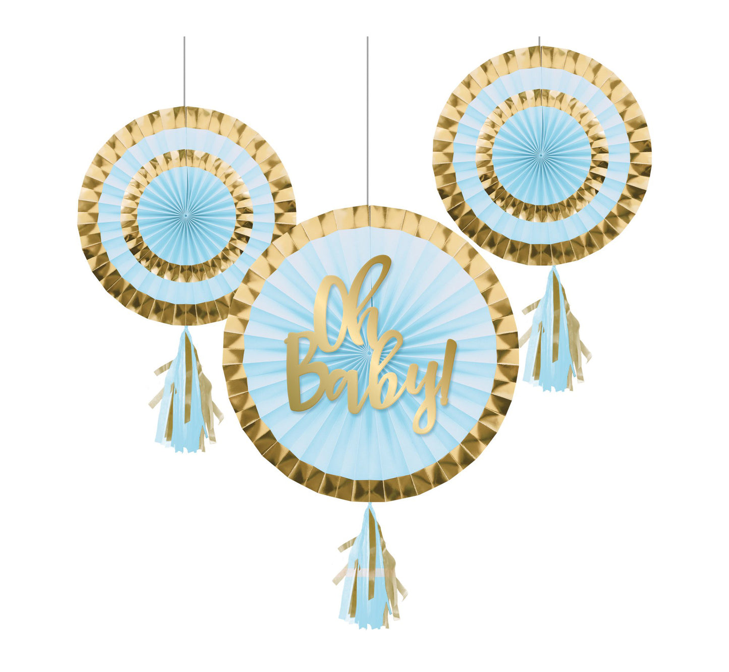 Oh Baby Blue and Gold Foil Paper Fans with Tassles