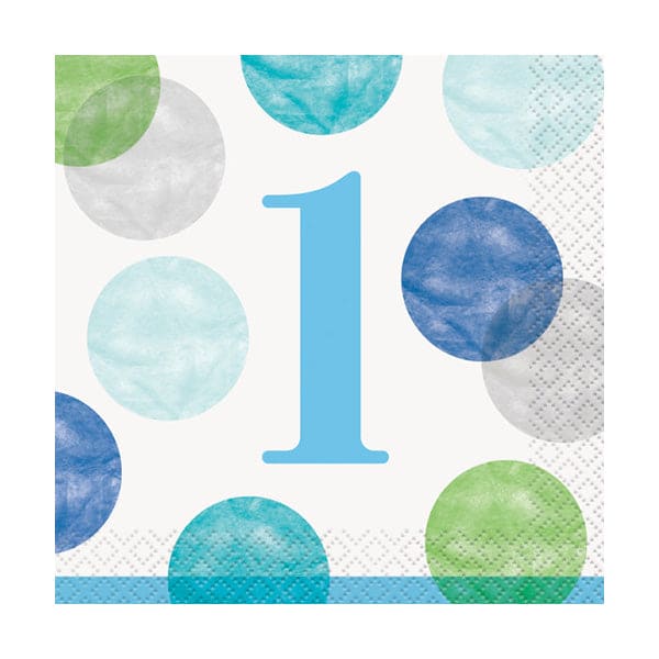 First Birthday Blue Dots Beverage Napkins 16 Ct