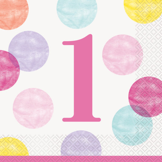 First Birthday Pink Dots Luncheon Napkins 16 Ct