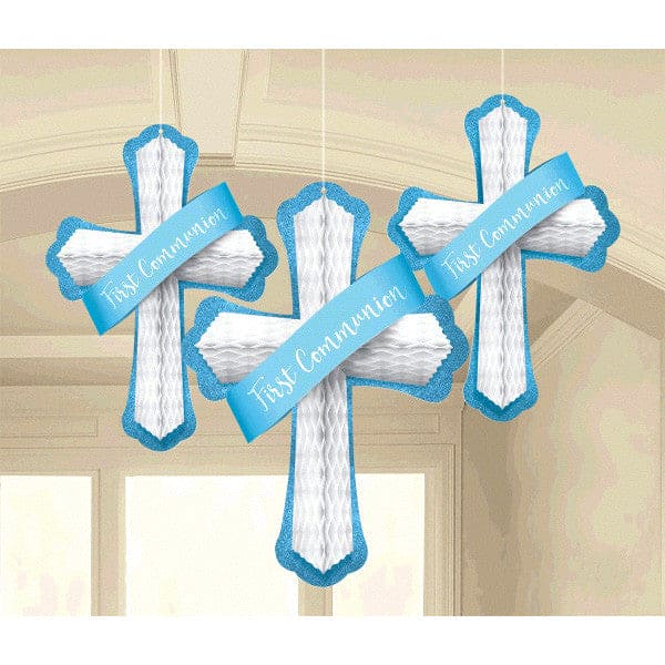 Honeycomb Cross Hanging Tissue Decorations Blue