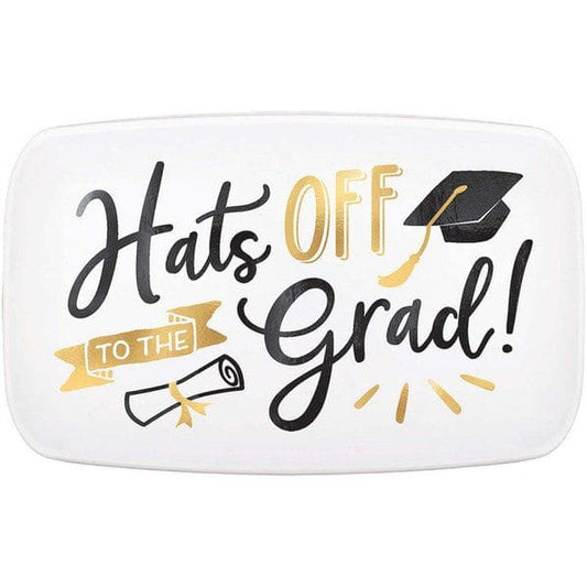 Hats Off Graduation Metallic Gold Plastic Platter, 18in x 11in 1ct