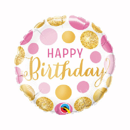 Happy Birthday 18in Pink and Gold Dots Metallic Balloon