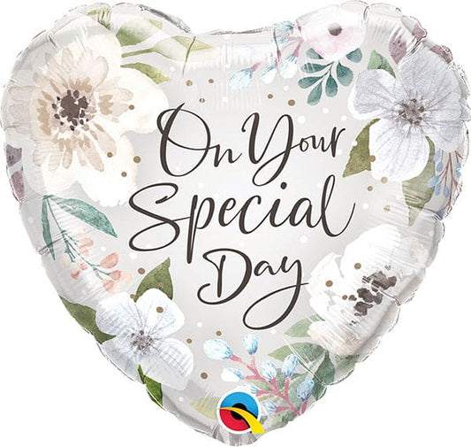 Special Day White Floral Heart 18in Metallic Balloon