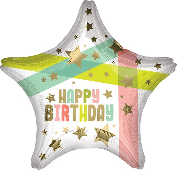 Happy Birthday Gold Stars and Colors 18in Metallic Balloon