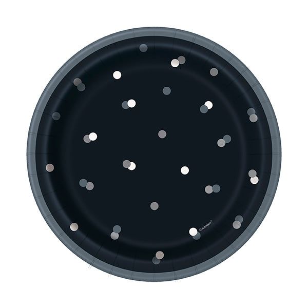 Birthday Glitz Black Silver Dot 7in Round Luncheon Paper Plates 8ct
