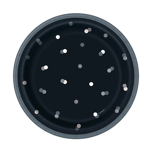 Birthday Glitz Black Silver Dot 7in Round Luncheon Paper Plates 8ct