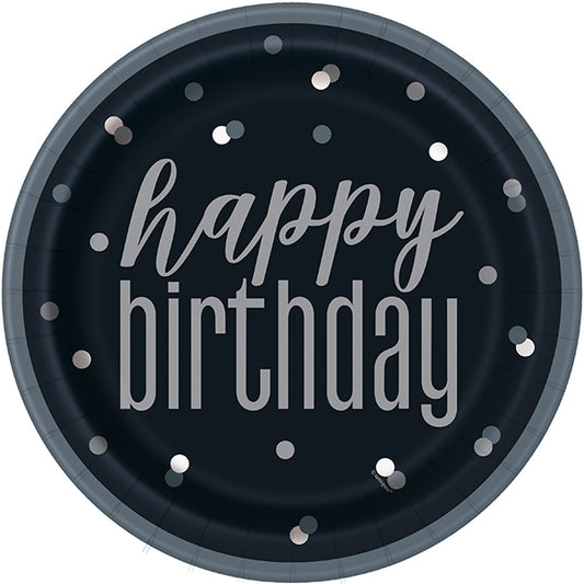 Birthday Glitz Black Silver Dot 9in Round Dinner Paper Plates 8ct