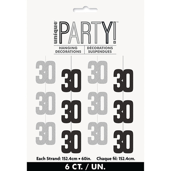Birthday Glitz Black 30th Hanging Decorations 6ct