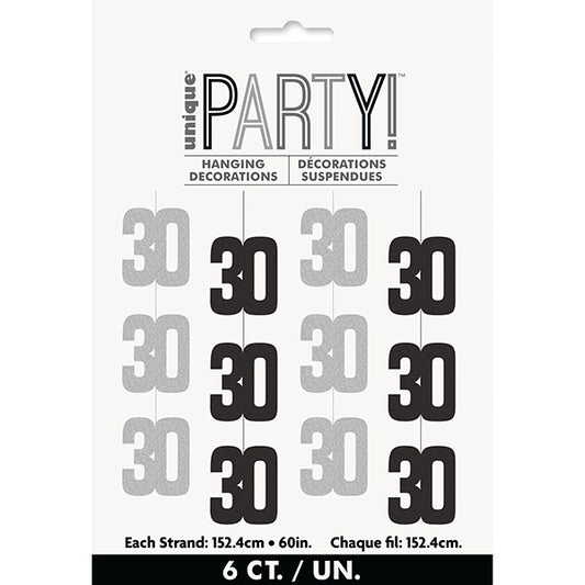 Birthday Glitz Black 30th Hanging Decorations 6ct