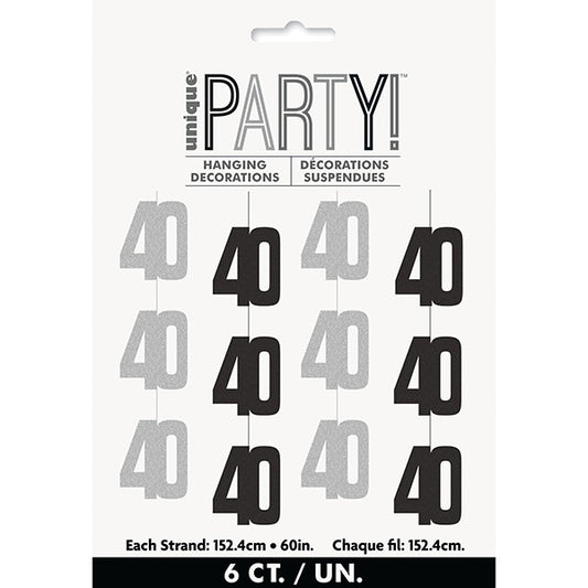 Birthday Glitz Black 40th Hanging Decorations  6ct