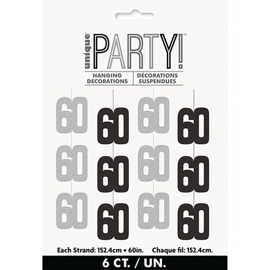 Birthday Glitz Black 60th Hanging Decorations 6ct