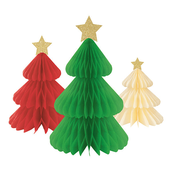 Red  Green & Cream Tree Honeycomb Tissue Centerpieces with Gold Stars 3ct