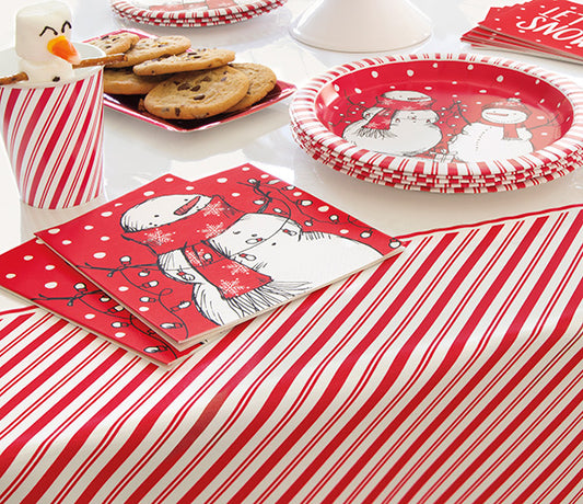 Red Stripes Snowman 54 x 84in Plastic Table Cover