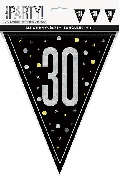 Birthday Glitz Black 9ft Flag Banner 30th Prismatic Plastic