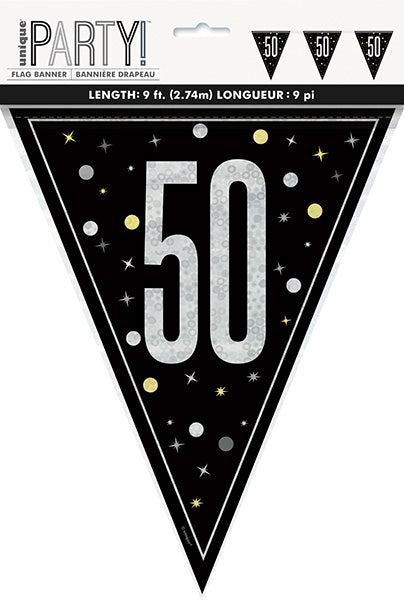 Birthday Glitz Black 9ft Flag Banner 50th Prismatic Plastic