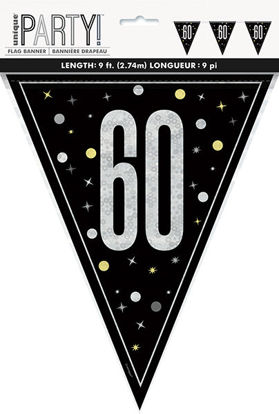 Birthday Glitz Black 9ft Flag Banner 60th Prismatic Plastic