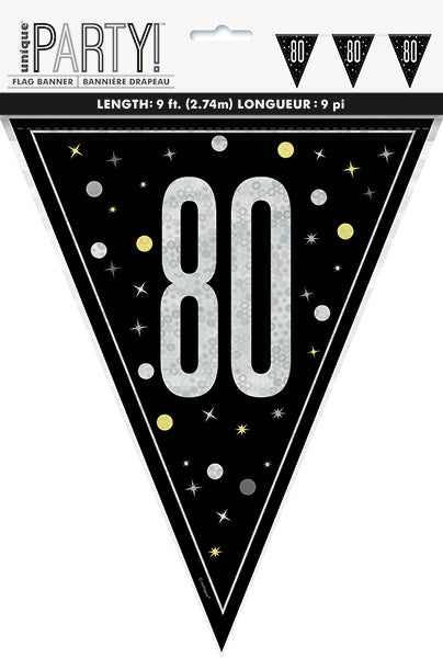 Birthday Glitz Black and Grey 80th Flag Banner 9ft