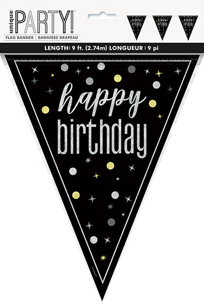Birthday Glitz Black 9ft Flag Happy Birthday Banner Prismatic Plastic