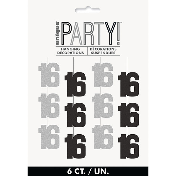 Birthday Glitz Black and Grey 16th Hanging Decor 6ct