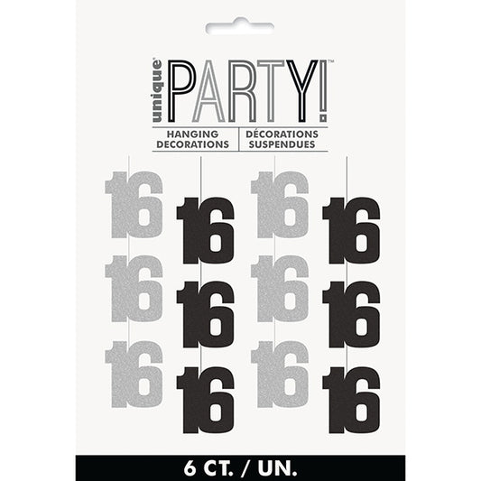 Birthday Glitz Black and Grey 16th Hanging Decor 6ct